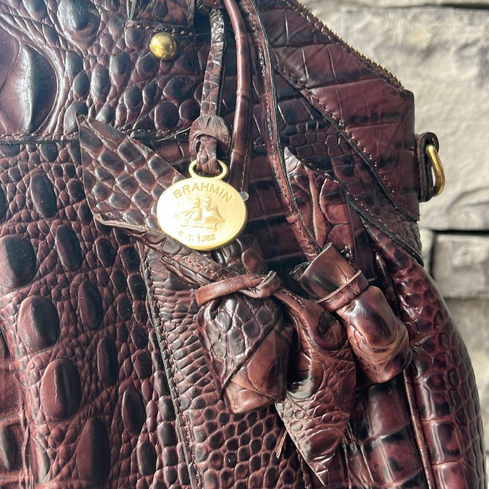 Vintage Brahmin Croc-Embossed Satchel in Deep Mahogany Brown, Unworn New - Picture 2 of 4